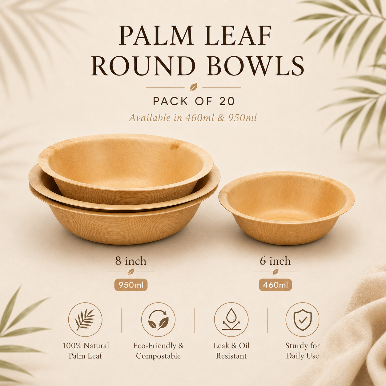 MasoPalm Palm Leaf Round Bowls