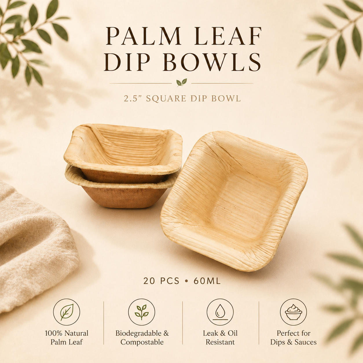 MasoPalm Palm Leaf Dip Bowls – 2.5 Inch (20 pcs)