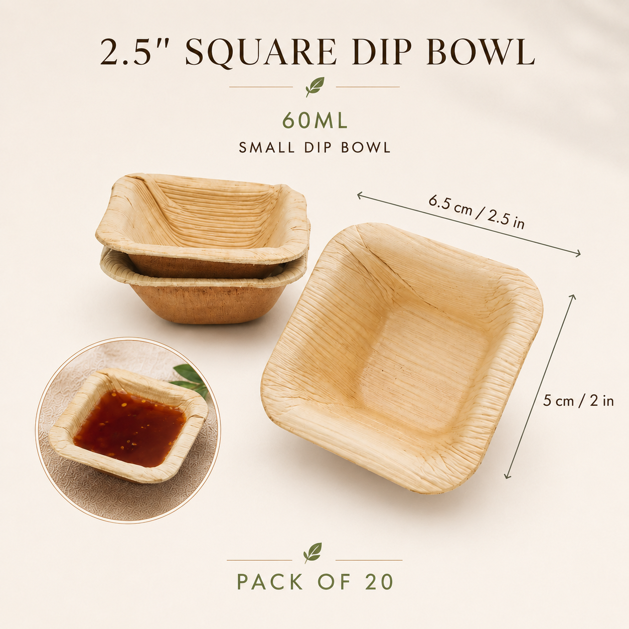 MasoPalm Palm Leaf Dip Bowls – 2.5 Inch (20 pcs)