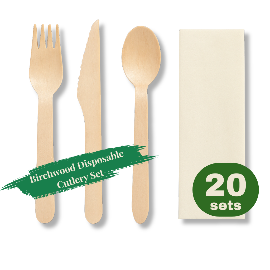 Birchwood disposable cutlery set with a box labeled '20 sets' on a white background.