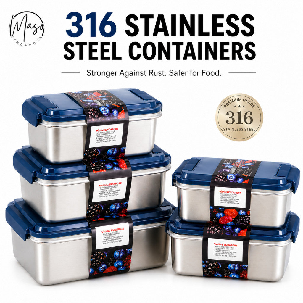 316 Stainless Steel Food Container - Anti-Bacterial Medical Grade Steel, Airtight Clip On Lid