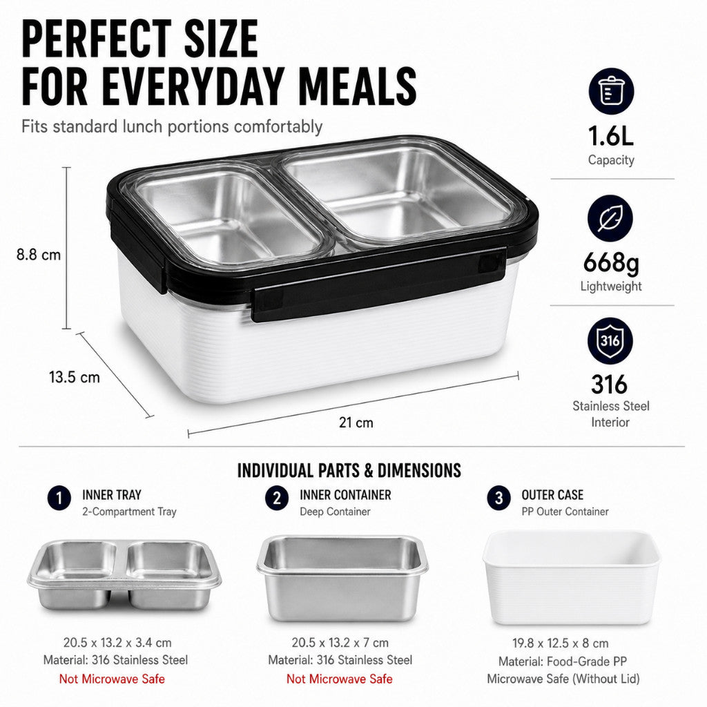 High Quality Lunch Box 316 Stainless Steel - 1600ml Double Deck Bento Box | Reheatable | Leak Proof