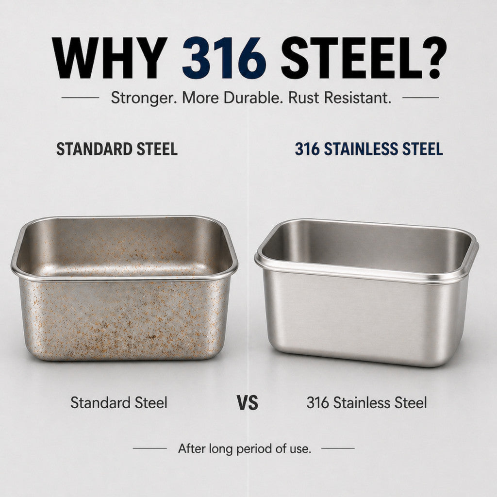 316 Stainless Steel Food Container - Anti-Bacterial Medical Grade Steel, Airtight Clip On Lid