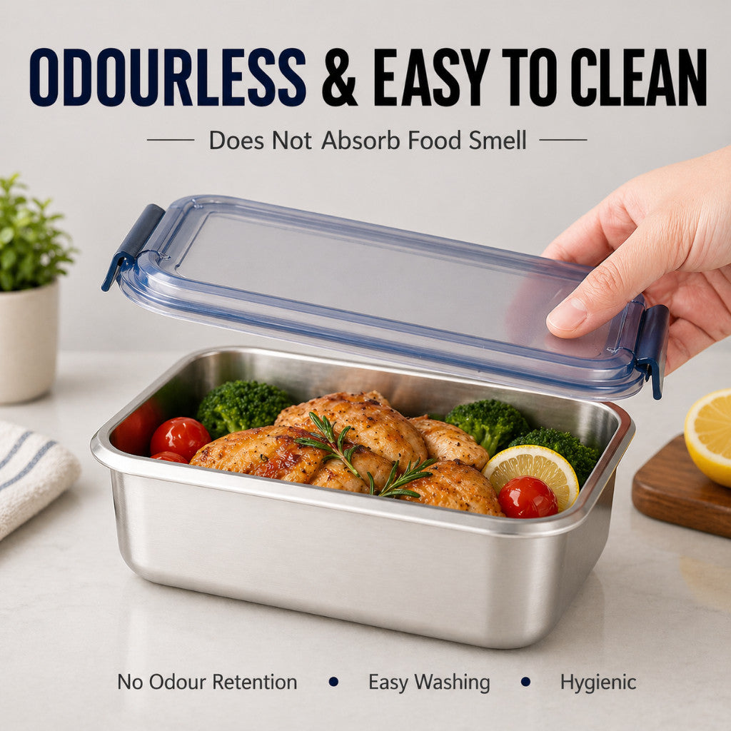 316 Stainless Steel Food Container - Anti-Bacterial Medical Grade Steel, Airtight Clip On Lid