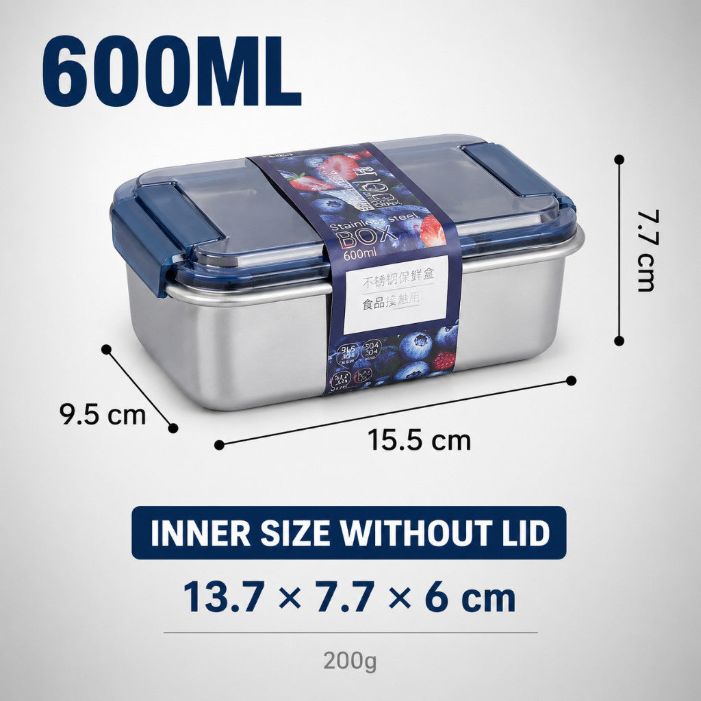 316 Stainless Steel Food Container - Anti-Bacterial Medical Grade Steel, Airtight Clip On Lid