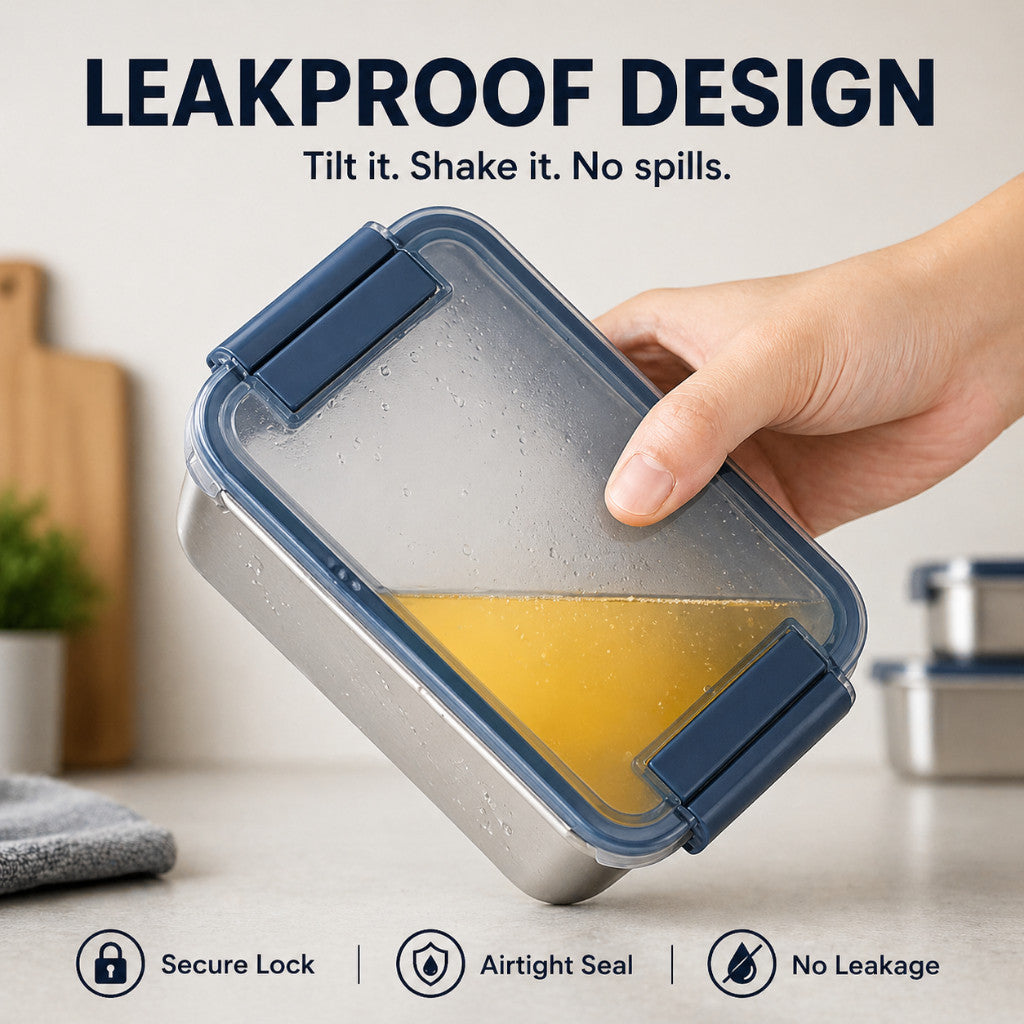 316 Stainless Steel Food Container - Anti-Bacterial Medical Grade Steel, Airtight Clip On Lid