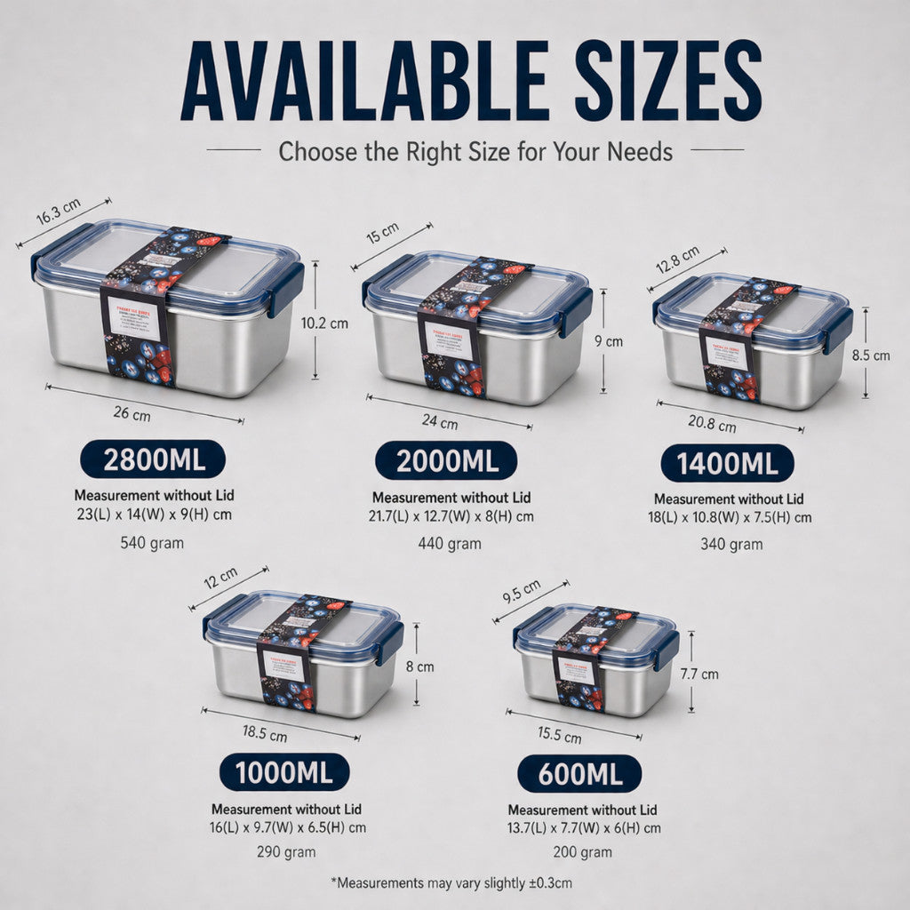 316 Stainless Steel Food Container - Anti-Bacterial Medical Grade Steel, Airtight Clip On Lid