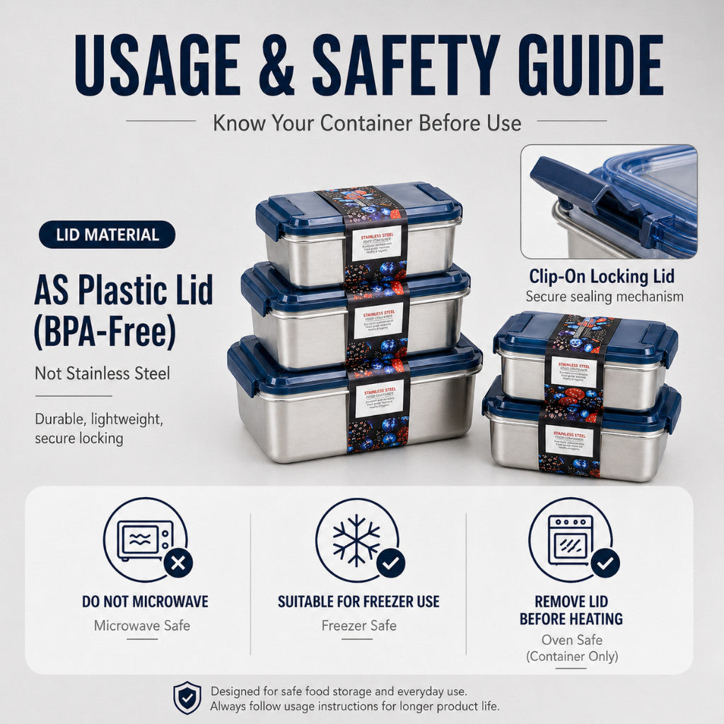 316 Stainless Steel Food Container - Anti-Bacterial Medical Grade Steel, Airtight Clip On Lid