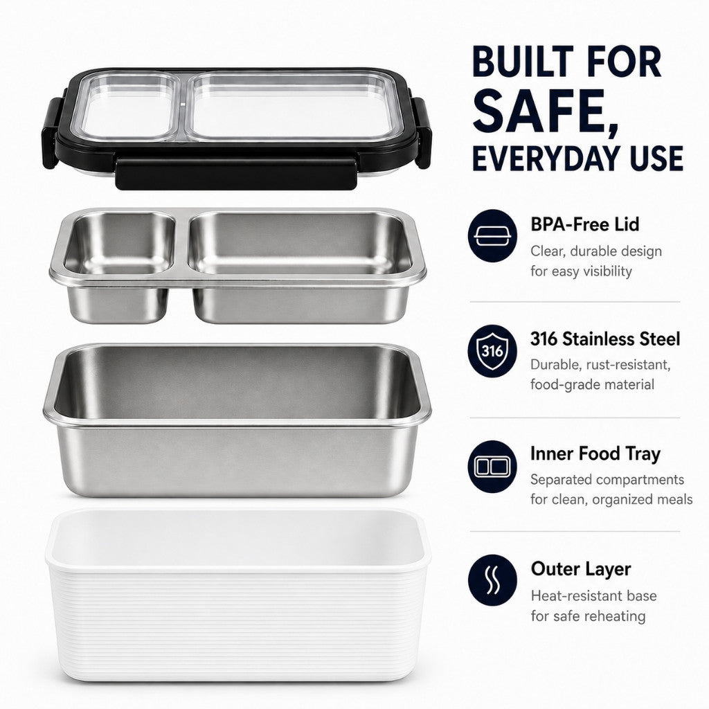 High Quality Lunch Box 316 Stainless Steel - 1600ml Double Deck Bento Box | Reheatable | Leak Proof