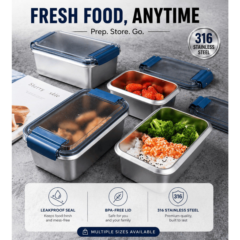 316 Stainless Steel Food Container - Anti-Bacterial Medical Grade Steel, Airtight Clip On Lid