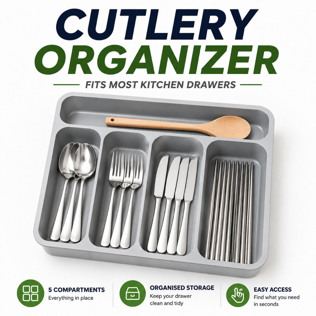 Cutlery Organizer Drawer Tray 5 Compartments | Kitchen Utensil Holder Space Saving Divider Storage