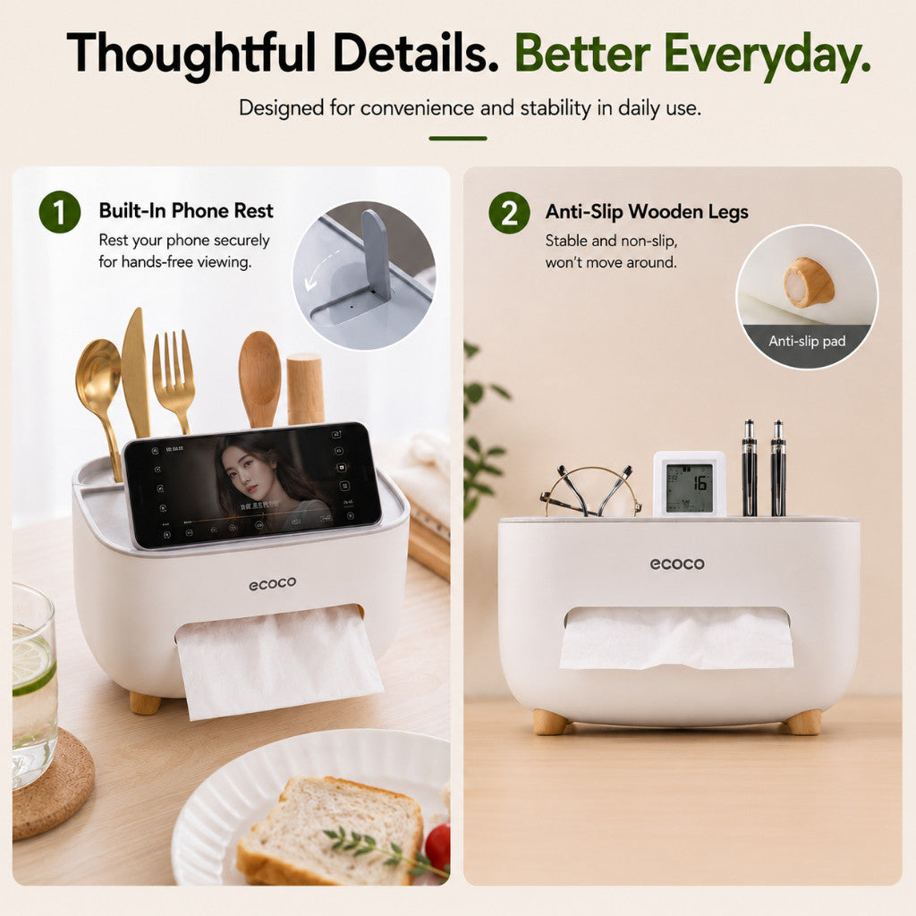 Desktop Organizer Tissue Box Holder Storage Box Phone Stand Includes 2 Tissue Packs
