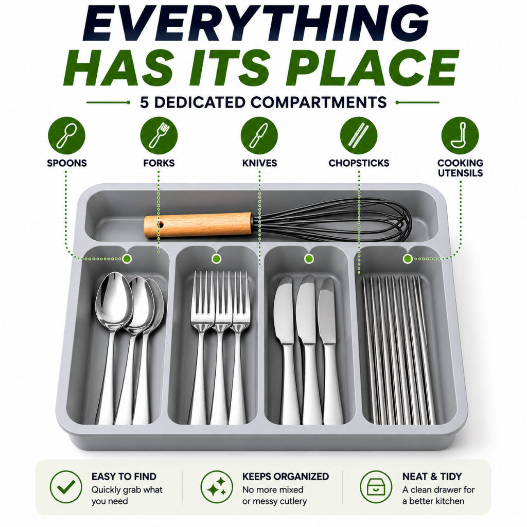 Cutlery Organizer Drawer Tray 5 Compartments | Kitchen Utensil Holder Space Saving Divider Storage