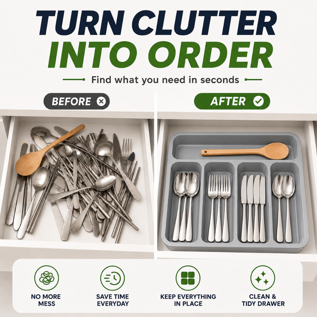 Cutlery Organizer Drawer Tray 5 Compartments | Kitchen Utensil Holder Space Saving Divider Storage