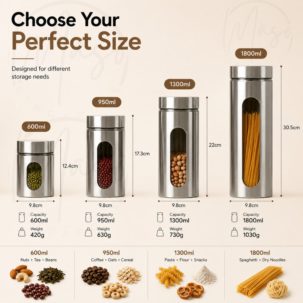 Airtight Food Storage Container – Stainless Steel Outer with Glass Interior Kitchen Canister Jar