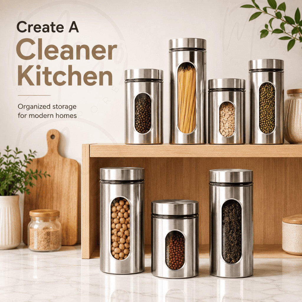 Airtight Food Storage Container – Stainless Steel Outer with Glass Interior Kitchen Canister Jar