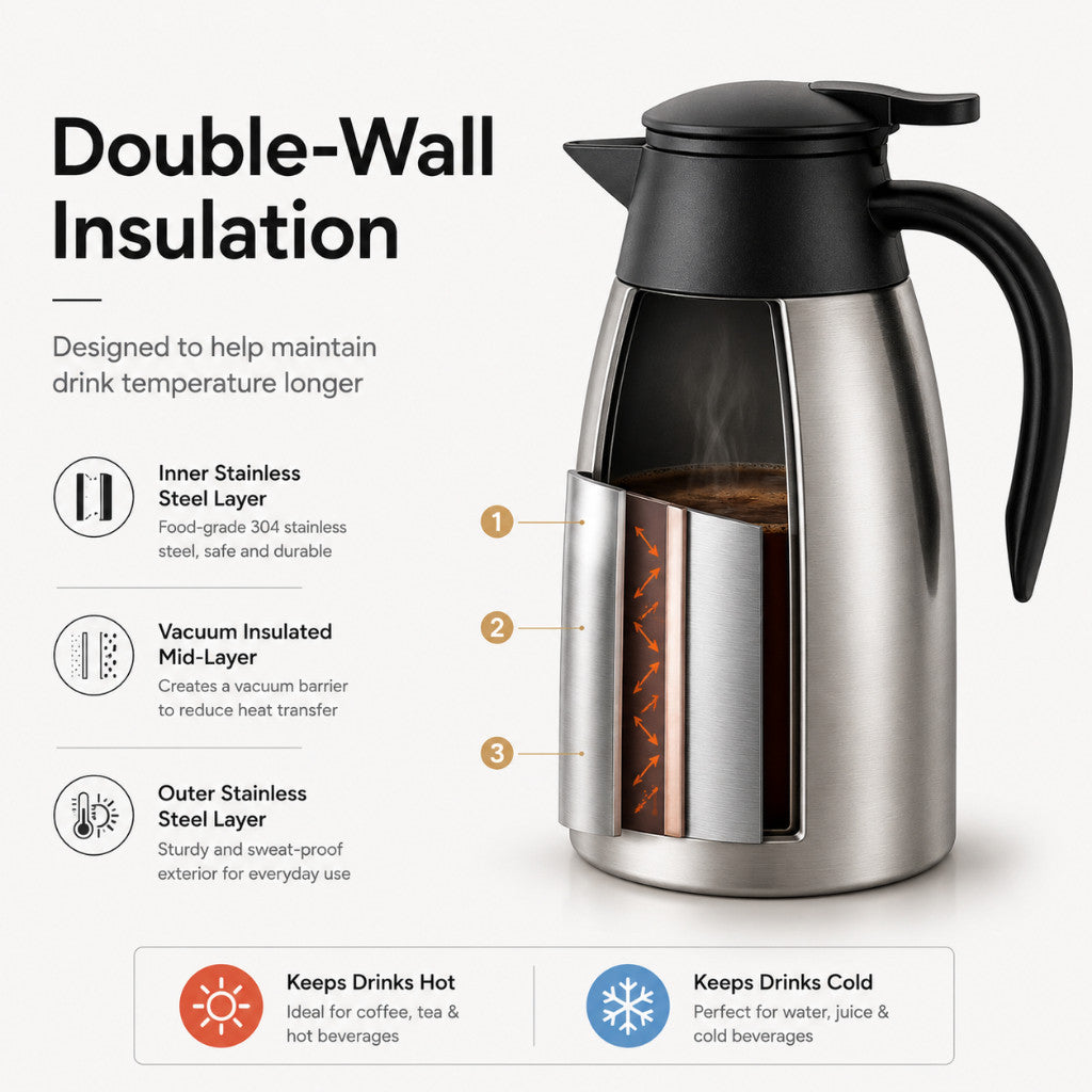 Vacuum Flask Coffee Carafe - Stainless Steel Thermal Pot for Hot Beverage 2 Liter