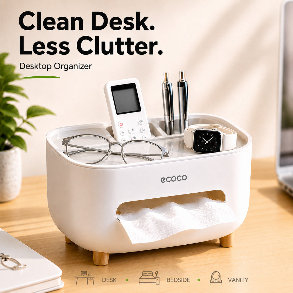 Desktop Organizer Tissue Box Holder Storage Box Phone Stand Includes 2 Tissue Packs