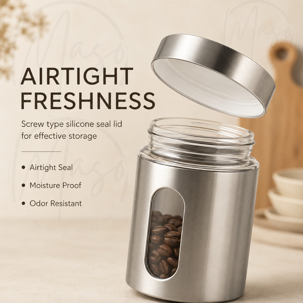 Airtight Food Storage Container – Stainless Steel Outer with Glass Interior Kitchen Canister Jar
