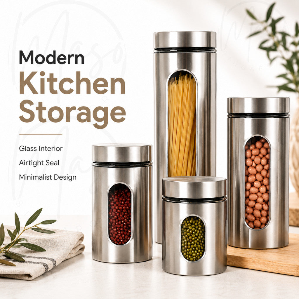 Airtight Food Storage Container – Stainless Steel Outer with Glass Interior Kitchen Canister Jar