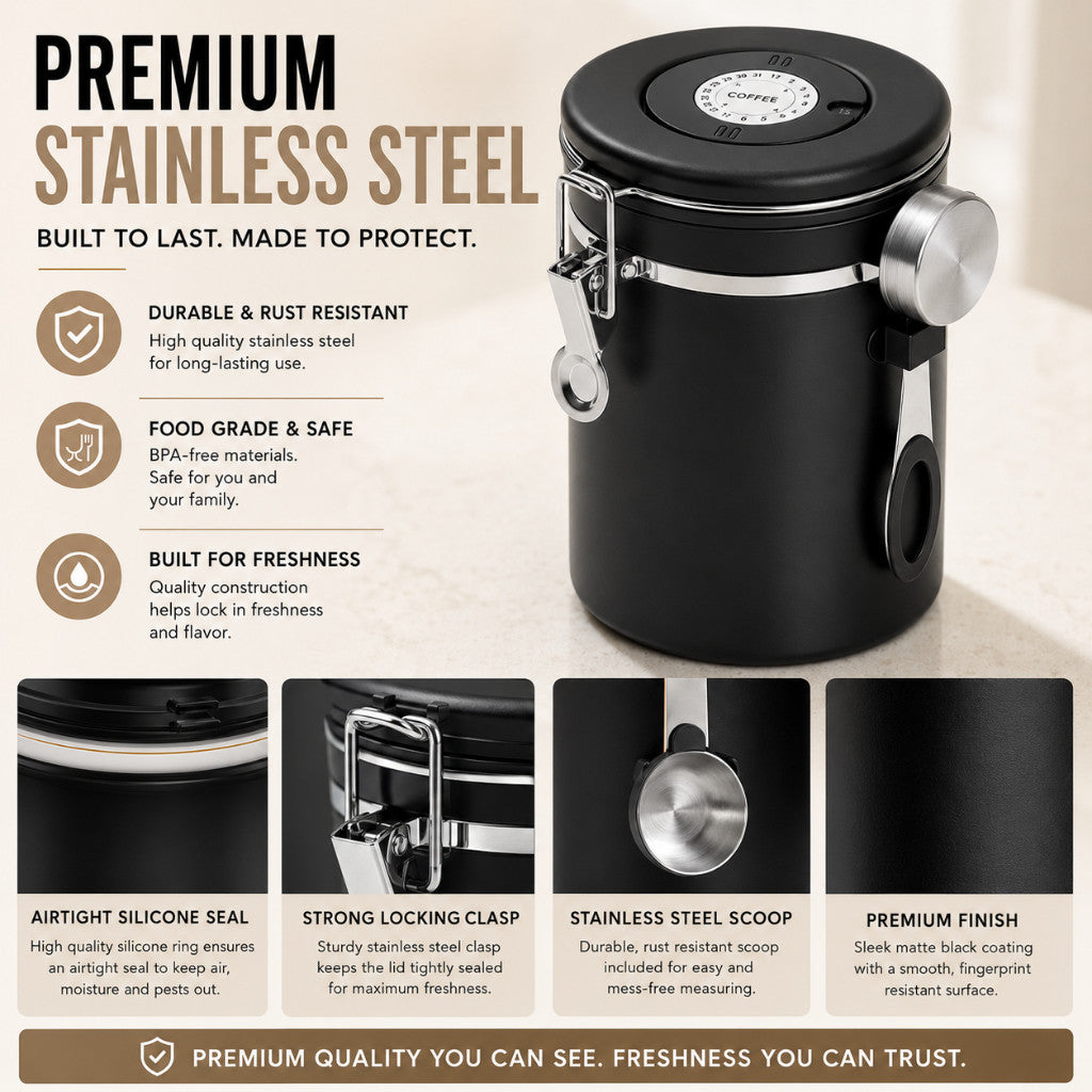 Coffee Beans Container - Airtight Canister Food Storage Container with Date Tracker and Scoop