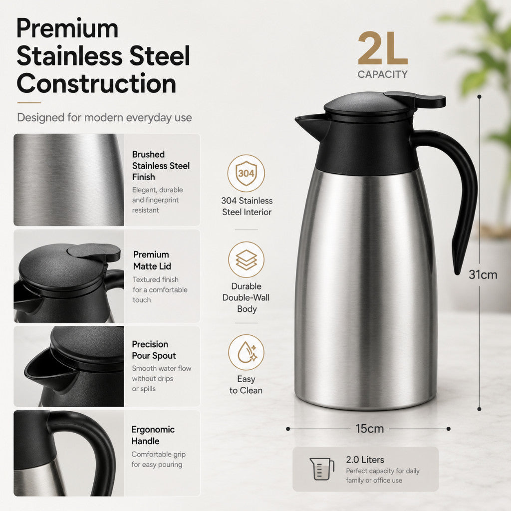 Vacuum Flask Coffee Carafe - Stainless Steel Thermal Pot for Hot Beverage 2 Liter