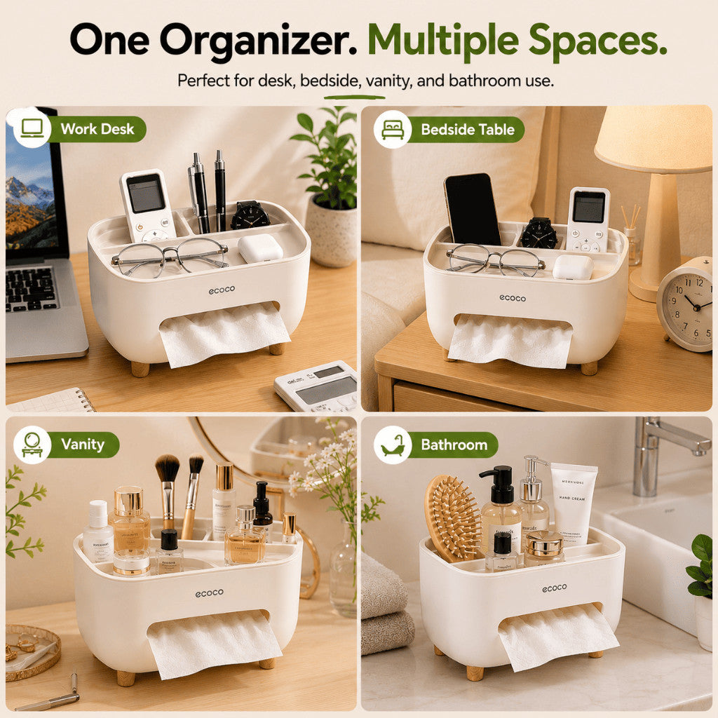 Desktop Organizer Tissue Box Holder Storage Box Phone Stand Includes 2 Tissue Packs