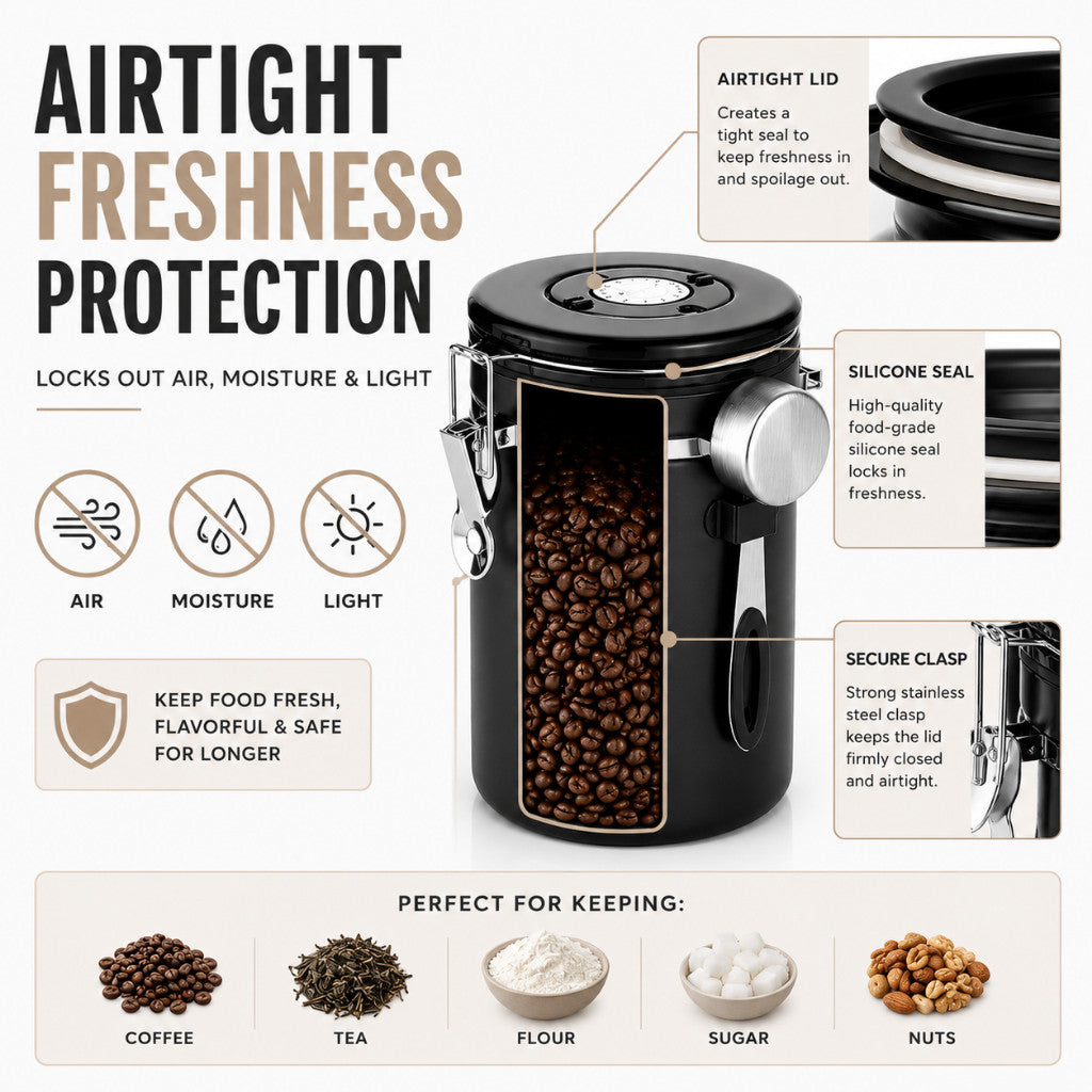 Coffee Beans Container - Airtight Canister Food Storage Container with Date Tracker and Scoop
