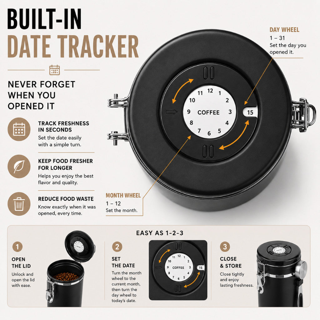 Coffee Beans Container - Airtight Canister Food Storage Container with Date Tracker and Scoop