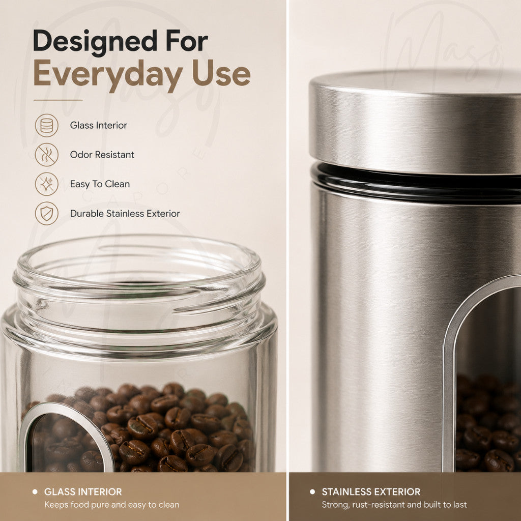 Airtight Food Storage Container – Stainless Steel Outer with Glass Interior Kitchen Canister Jar